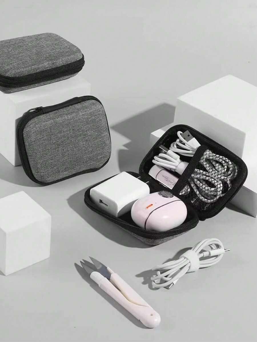 1PC 便携式零钱包、耳机收纳包、USB 数据线收纳盒、收纳包、钥匙包、数据线充电器、收纳包、无线耳机和耳机盒，适用于家庭、宿舍、出差、旅行收纳包、节日必备收纳包、圣诞礼物、朋友礼物、节日礼物 - 灰色 - 查看 1