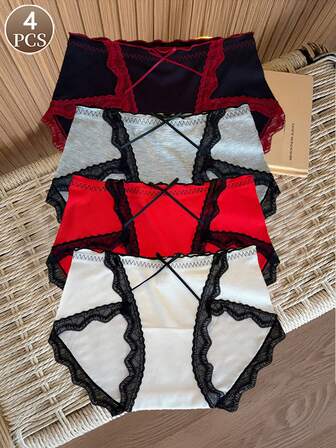 4 buc chiloți pentru femei, chiloți romantici din dantelă, cu fundă, sport, lenjerie intimă pentru fete, talie medie, confortabili și moi, chiloți pentru femei