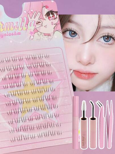 AYRMILLA Lower Eyelashes 80 Clusters Eyelash And Double-Ended Eyelash Glue And Straight And Curved Pink Tweezers False Eyelashes Set Extension False Eyelash Glue Waterproof Long-Lasting Strong Transparent Non-Irritation Makeup Tools Natural Eyelashes Fluffy Soft 3D Mink Eyelashes Long And Smart Multi-Layered Eyelashes Short And Thick False Eyelash Extensions Bulk False Eyelashes