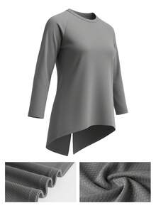 Women's Solid Color Round Neck Raglan Sleeve Open Hem Sports T-Shirt - Dark Grey - View 7