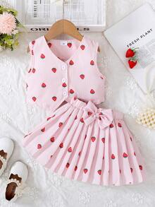 Bộ 2 món/Bộ trang phục thời trang thanh lịch mùa hè cho bé gái mới biết đi, Áo vest in họa tiết dâu tây sọc hồng + Chân váy xếp ly in họa tiết dâu tây sọc hồng phù hợp, Thích hợp cho bé gái mặc thường ngày - Hồng - Xem 2