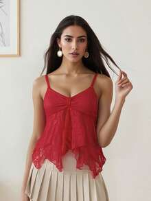 Women's Summer Lace Camisoles Sleeveless Open Back Deep V Neck Crop Cami Tank Tops - 紅色 - 查看 5