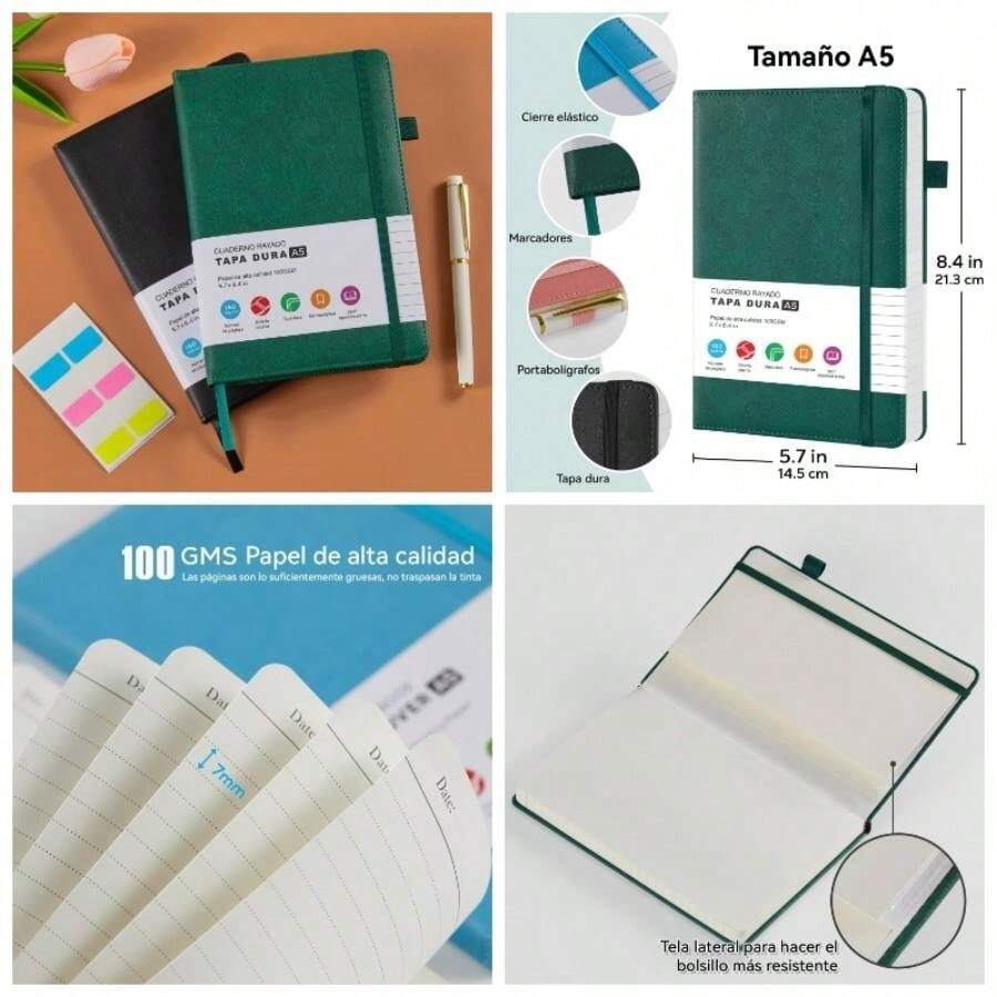 Cuaderno Tapa Dura A5 Para Escribir, Paquete De 2 Diarios, Cuaderno De Cuero, Papel Rayado De G, Para El Trabajo, La Escuela, Notas Y Diarios. Negro+ Verde - Negro + Verde - Ver 1