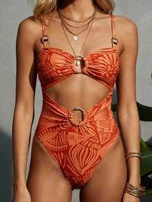 Costume da bagno intero sexy con taglio sulla schiena e anello, con stampa full body, adatto per vacanze al mare in estate - Arancione - Visualizzare 4