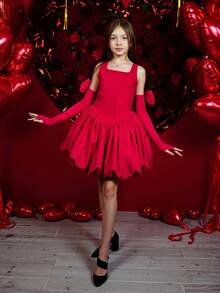 Tween Girl Red Bow Party Elegant Dress, Floral Bubble Dress, Princess Dress Suitable For Girls Birthday Party, Banquet, Evening Gala, Prom, Wedding, Flower Girl, Bridesmaid Dress - Burgundy - View 4