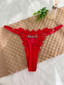 1pc Personalized Name Customized Thong, Crystal Letter Rhinestone Decor Tanga Panty, Floral Embroidery T-Back G-String Lingerie, Seamless - Red - View 4