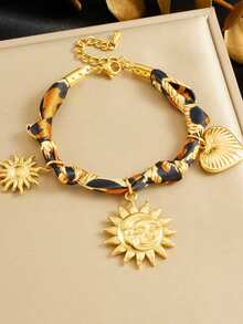 1 Multicolor Leopard Print Ribbon Knotted Bracelet Gold-Plated Retro Heavy Industry Sun Heart Flower Pendant Pendant For Women's Bracelet