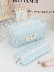 1 件装蓝色格纹化妆包，绣有爱心图案，可爱波点印花，大容量旅行化妆包，带拉链，可收纳化妆刷，小口红袋，小物件收纳袋 - 粉色 - 查看 8