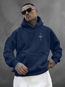 Men's Hooded Sweatshirt With Wind Rose Print Kangaroo Cold Weather Blouse Flannel Coat Cold Winter - 藏蓝色 - 查看 2
