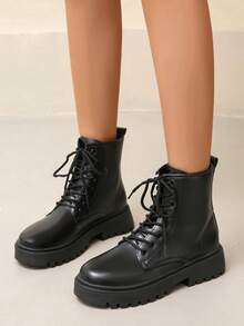 Women's Black Combat Style Low Heel Boots, Can Be Paired With Any Jeans, Front Lace-Up Design, Suitable For Autumn/Winter Outfits - Black - View 4