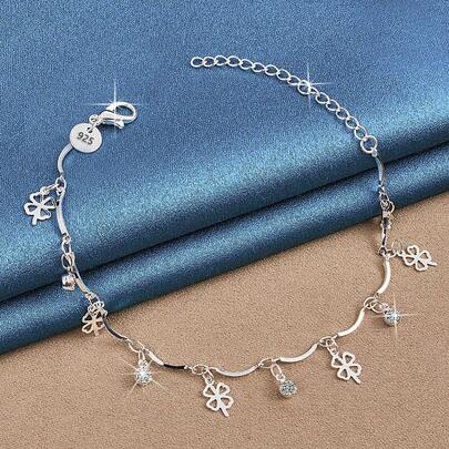 925 Sterling Silver Clover Zirconia Bracelet, Fashionable & Cute Accessory For Women, Birthday Party And Daily Wear, Holiday/Valentine's Day Gift