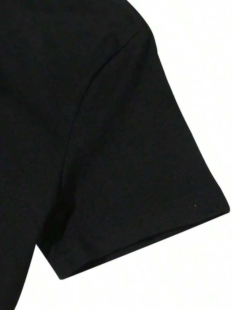 1pc Camiseta Deportiva de Algodón para Mujeres Negra Casual de Manga Corta - Negro - Añade 5