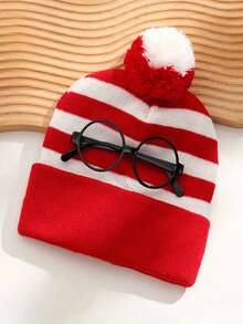 1 Set Of Warm Red And White Knitted Hats And Lensless Glasses Frame Role-Playing Christmas Gifts For Winter Men's And Women's Valentine's Day Hats - Multicolor - View 10