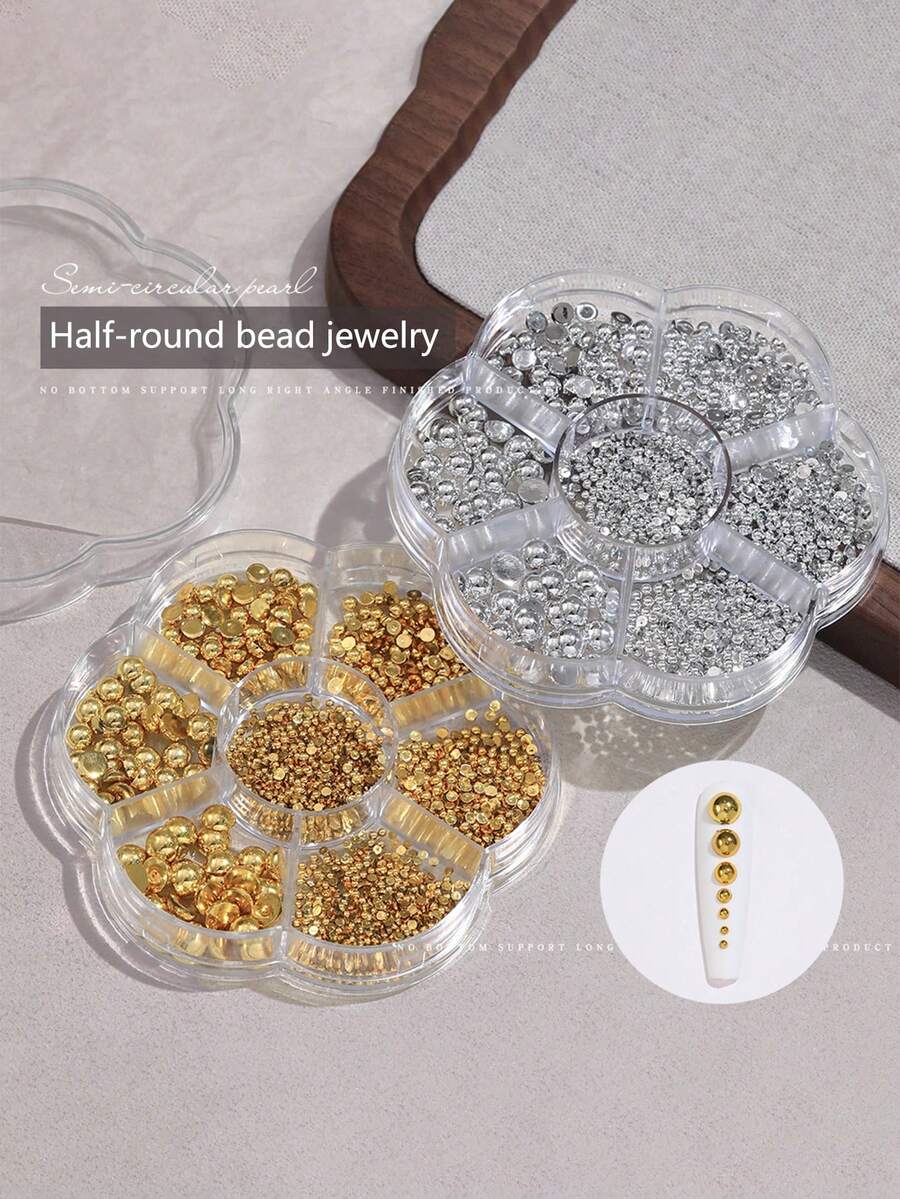 1 Box Mixed Nail Art Decorations - Assorted Size Flat Gold/Silver Beads, Versatile Mini Half-Round Pearls, Nail Art Accessories - Multicolor - View 1