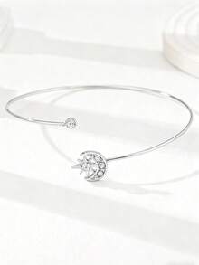 1 chiếc vòng tay bằng dây kim loại đính đá Zirconia vàng hình trăng sao, dành cho nữ. - Bạc - Xem 2