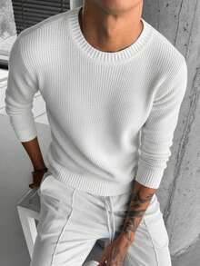 GRDR Men's Solid Color 7-Gauge Jacquard Knit Sweater, Basic Warm Thick Pullover For Autumn/Winter - White - View 2