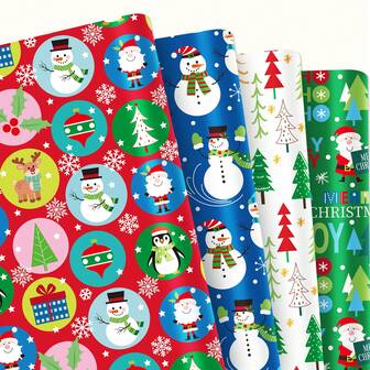 4/8 Sheets Christmas Gift Wrapping Paper Set - Santa Claus, Snowflake, Christmas Tree And Text Design Themed Premium Quality Wrap For Holiday Presents & Crafts, Floral Packaging