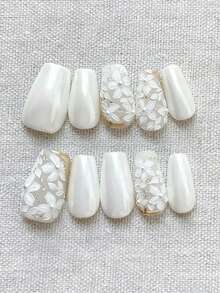 10 peças decalques elegantes minimalistas pintados à mão com pérolas em relevo, pequenas flores brancas peroladas, comprimento médio, adequados para vestidos, vestidos de noiva, vestidos de noiva - Branco - Ver 3