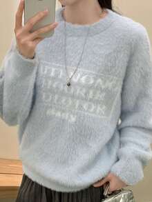 柔软蓬松字母印花宽松针织毛衣，女士秋冬款 - 藍色 - 查看 2