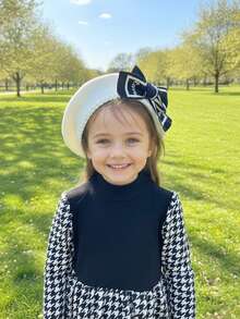 1pc Girls' English Bow Beret Hat, Warm Winter Knitted Beret With Cute English Bow, Suitable For Back To School Season, Autumn/Winter - 1PC - View 6