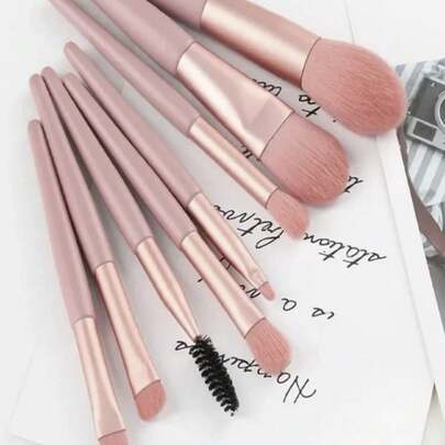 8 Peças / Conjunto Mini Pincéis De Maquiagem Com Cabo De Madeira Fosco / Ferramenta Portátil De Beleza