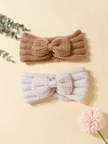 2pcs Newborn Baby Brown Knitted Bow Headband Set, Suitable For Everyday Use, Autumn/Winter