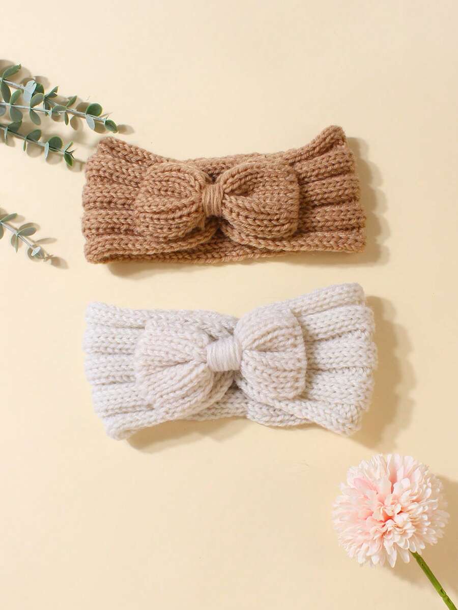 2pcs Newborn Baby Brown Knitted Bow Headband Set, Suitable For Everyday Use, Autumn/Winter