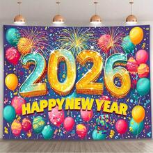 2 piezas Bandera de fondo de Año Nuevo 2026 - Brillante purpurina dorada "2026" con globos de colores, fuegos artificiales y copos de nieve - Ideal para decoración del hogar, aniversarios y celebraciones - Decoraciones de fiesta interior/exterior, telón de fondo de celebración | Ambiente festivo | - 1 pieza - Ver 2