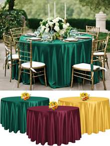 1pc 228cm Olive Green/Burgundy/Gold Round Satin Tablecloth Set, Smooth Fabric Round Table Cover Suitable For Ceremonies, Parties, Weddings, Dining Occasions - Multicolor - View 1