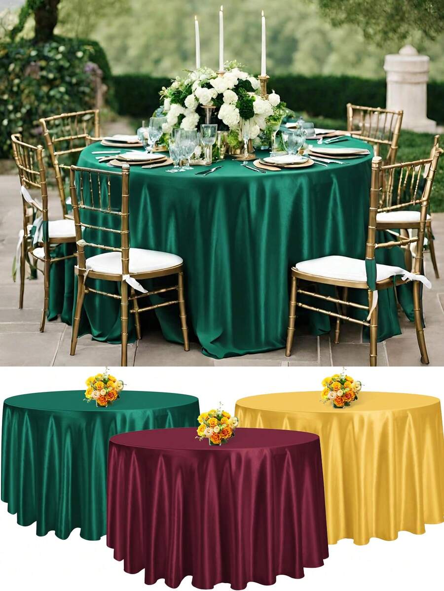 1pc 228cm Olive Green/Burgundy/Gold Round Satin Tablecloth Set, Smooth Fabric Round Table Cover Suitable For Ceremonies, Parties, Weddings, Dining Occasions - Multicolor - View 1