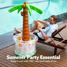 Aufblasbarer Getränke-Kühler, Aufblaskühler mit Kokosbaum-Design, aufblasbarer Eiseimer mit großer Kapazität, tropisches Strand-Thema Kühlbehälter, tragbar und leicht, Party-Dekoration für den Garten - Braun - Übersicht 3