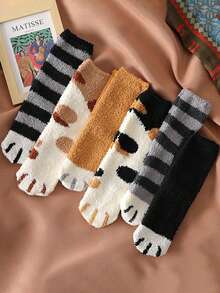 6 Pairs Women's Autumn/Winter Coral Fleece Cute Cartoon Animal Pattern Fashion & Breathable Mid-Calf Socks