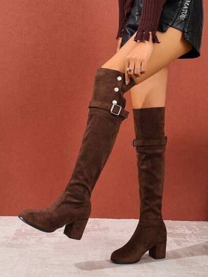 女士过膝长靴，粗跟，保暖，搭扣闭合，圆头，高跟，有弹性，适合秋冬季