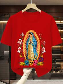 Camiseta de algodón 100% para hombre, estampado de la Virgen de Guadalupe con calaveras coloridas y flores | Camiseta personalizada para hombre, clásica y suave para uso diario | Ideal para hombres jóvenes, amantes de la cultura mexicana, fiestas tradicionales y celebraciones religiosas. Regalo perfecto para cumpleaños, San Valentín o Día de Muertos | Camiseta casual con cuello redondo, transpirable y cómoda, estilo moderno para hombres.Trajes de fiesta de Notre - Rojo - Ver 3