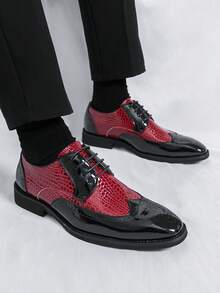 Men's Crocodile Embossed Color Block Pointed Toe Lace-Up Formal Dress Shoes, Suitable For Wedding, Office, Party - Red - View 4