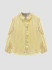 New Stylish & Elegant Striped Woven Fabric Ruffle Hem Button-Up Shirt, Suitable For Holiday, Daily Wear, Travel, All Seasons Spring - Yellow - View 4