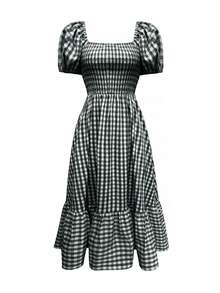 女士格子优雅波西米亚风休闲荷叶边褶皱下摆黑白连衣裙，适合女士新年夜、夏季度假、情人节、生日、优雅派对、节日、沙滩、春季等场合穿着。 - 黑與白 - 查看 5