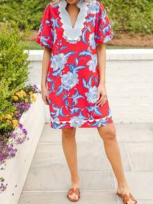 1 PCS Women'S Floral Print Red & Blue/White Color Block Dress With Scallop Trim Detail, Puff Sleeves, V-Neckline & Elastic Cuff - Knee-Length Casual Summer Dress For Adults, Floral Print Dress, Casual Attire, Offshoulder Design, Smooth Texture - 混合顏色 - 查看 4
