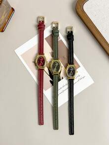 1 Pieza Reloj de mujer vintage, de moda, sencillo y casual, con caja ovalada elegante, correa de PU, esfera pequeña y elegante con detalles de pedrería, perfecto para uso diario, regalos de cumpleaños, fiestas, reuniones festivas, y como regalo ideal para ti o tus amigos. Sin caja.