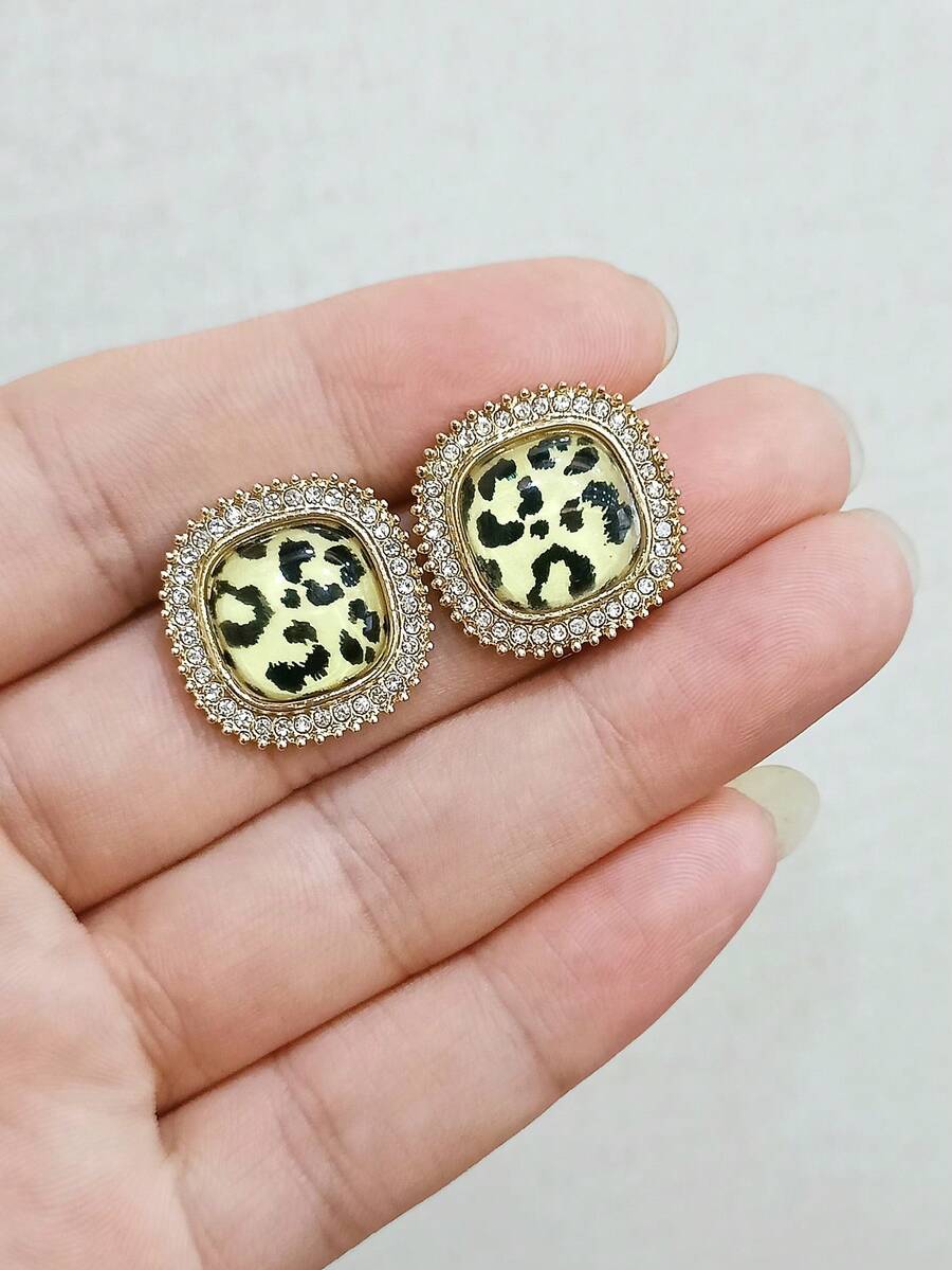 LADYCOCO 1 Pair Fashionable Luxury Leopard Print Rhinestone Stud Earrings, Suitable For Women's Daily Wear