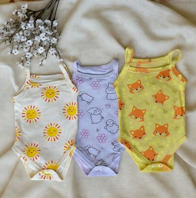 Kit 3 Body Alcinha Estampas Sortidas 100% Algodão Body Bebe Roupas Para Enxoval Matrenidade Regatinha Infantil Fresca Verão Macacão Kids Cojunto de Bodies