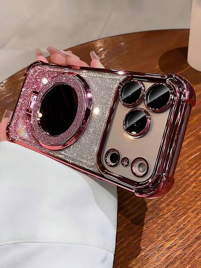 Luxury Plating Glitter Clear Mirror Bracket Phone Case Compatible With IPhone 17 Air 16 E 15 14 Plus 13 12 11 16 Pro Lens Protect Shockproof Cover