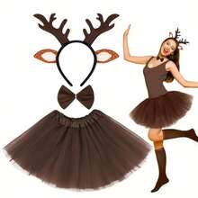 3件套女士圣诞服装套装，包括驯鹿角、鹿耳头箍、可爱蝴蝶结、成人公主芭蕾舞裙，优雅动物造型，非常适合化装舞会