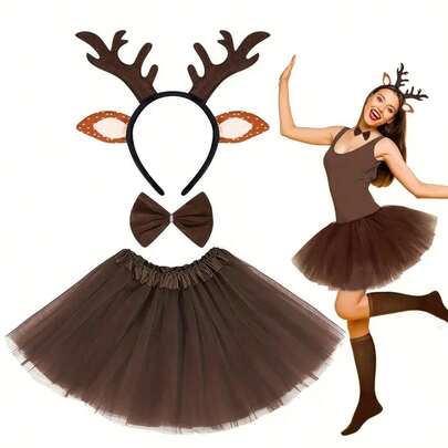 3件套女士圣诞服装套装，包括驯鹿角、鹿耳头箍、可爱蝴蝶结、成人公主芭蕾舞裙，优雅动物造型，非常适合化装舞会