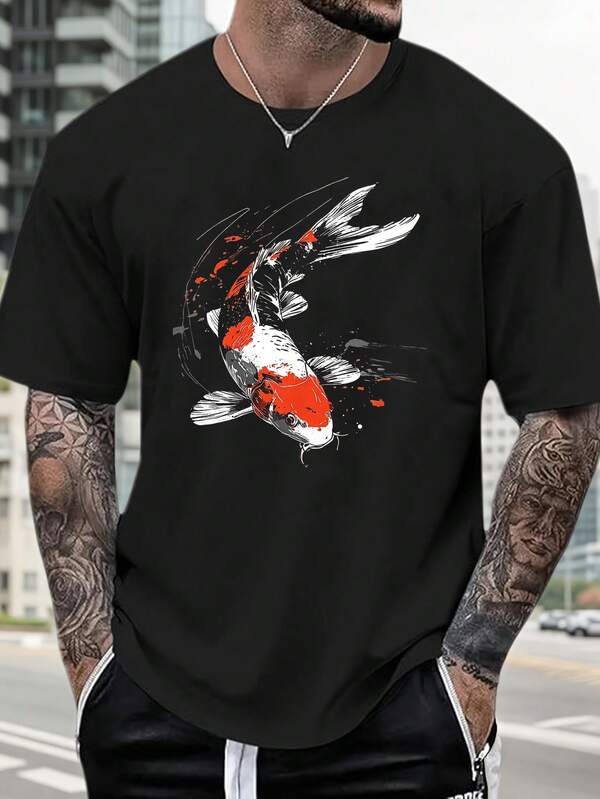 Ink-splashing style Koi pattern creative pattern T-shirt-good gift for family and friends-7C41-100% cotton four seasons comfortable round neck men's short sleeve