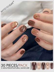 30 件按压式方形指甲/可拆卸指甲艺术与短波尔卡圆点图案棕色指甲/完美贴合亚克力假指甲套装，包括 1 个果冻胶和 1 个指甲锉，适合女性日常工作、学习和秋冬季聚会，适合聚会、节日和日常使用的指甲产品 - 彩色 - 查看 1