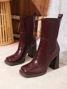 女士粗跟踝靴，弹性套穿方头，穿着舒适，百搭，英伦风，秋冬款，酒红色鞋跟 - 酒紅色 - 查看 2