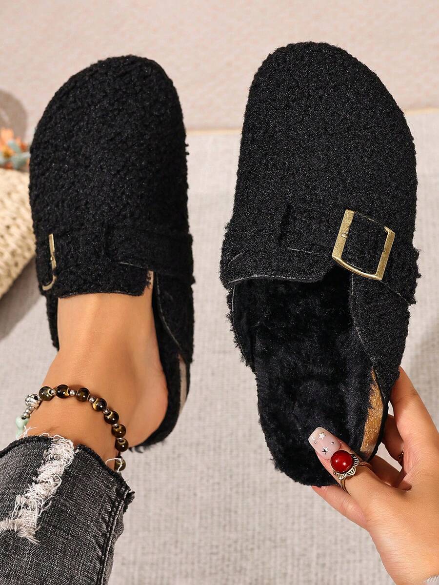 Zapatos de tacón bajo tipo mula en color negro, zapatos planos de moda versátiles con puntera redonda, flecos y hebilla para mujeres - Negro - Ver 1