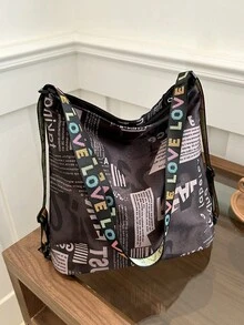 Bolso de mano de estilo retro y casual con estampado de letras en graffiti de poliéster, bolso de hombro minimalista de gran capacidad, adecuado para compras, calle, viajes y uso diario de mujeres