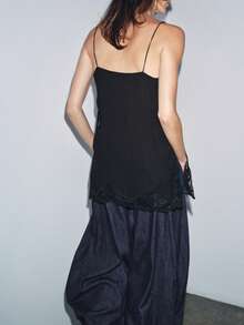 Lace Trim Cami Top For Women, Sleeveless Spaghetti Strap Tank, Elegant Summer Blouse - Black - View 9